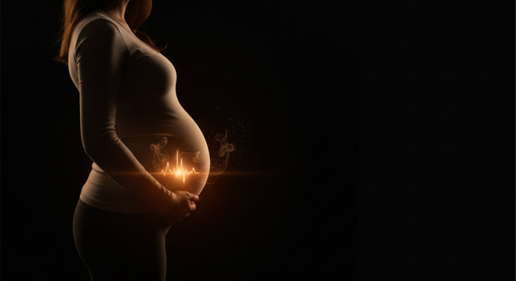 Mujer embarazada de perfil con la zona del suelo pélvico iluminada, Pelvic Clinic Panamá
