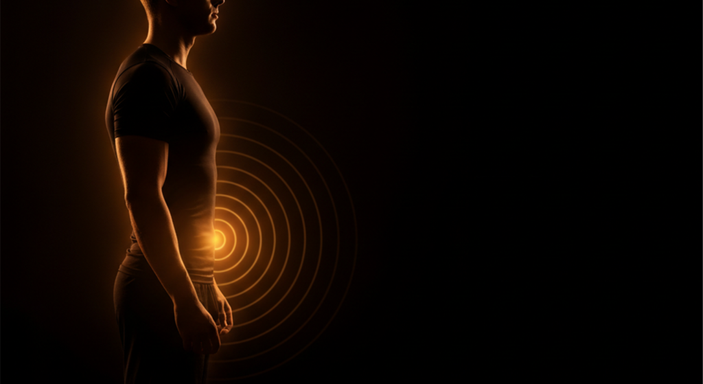 Silueta masculina con ondas concéntricas en la zona pélvica, terapia de ondas de choque focales