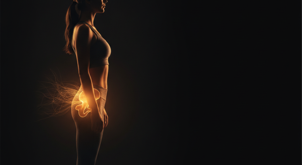 Silueta femenina con la musculatura del piso pélvico iluminada, ilustración médica de Pelvic Clinic Panamá
