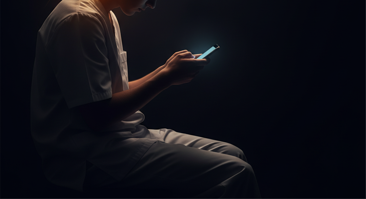 Persona mirando el celular con la columna cervical iluminada, síndrome de text neck